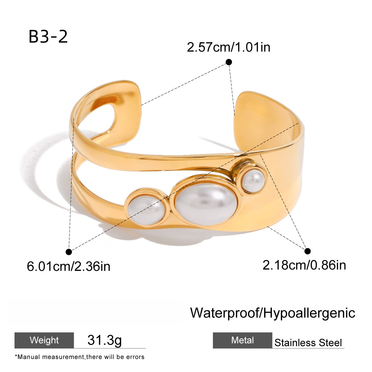 Natural stone/Pearl open bangle -Stainless steel with 18k gold