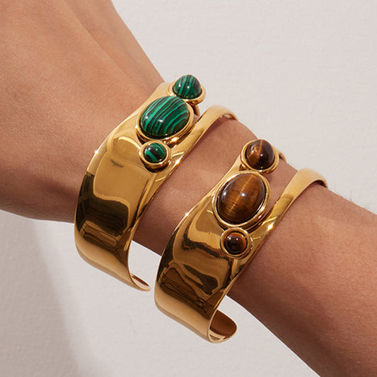 Natural stone/Pearl open bangle -Stainless steel with 18k gold