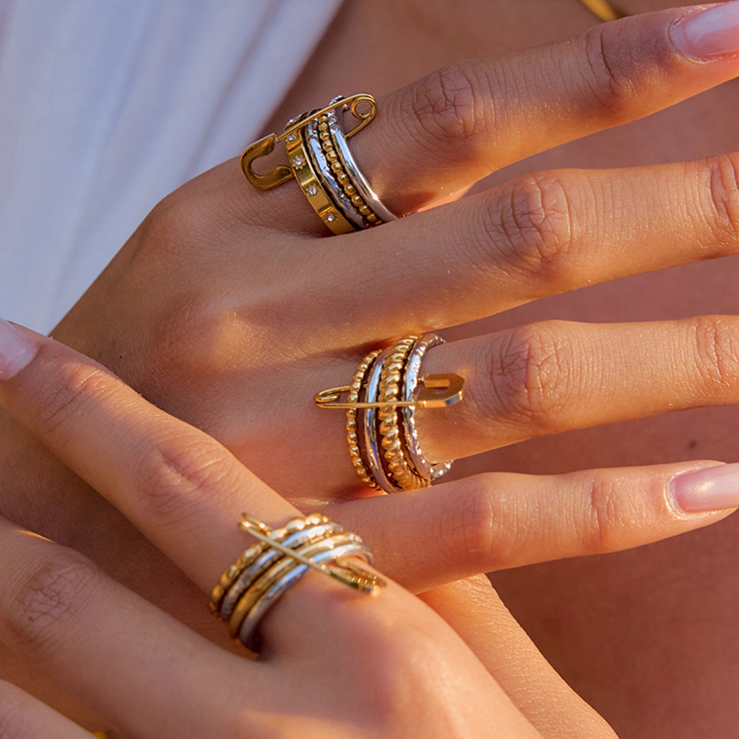Layered stackable rings-Stainless steel with 18k gold